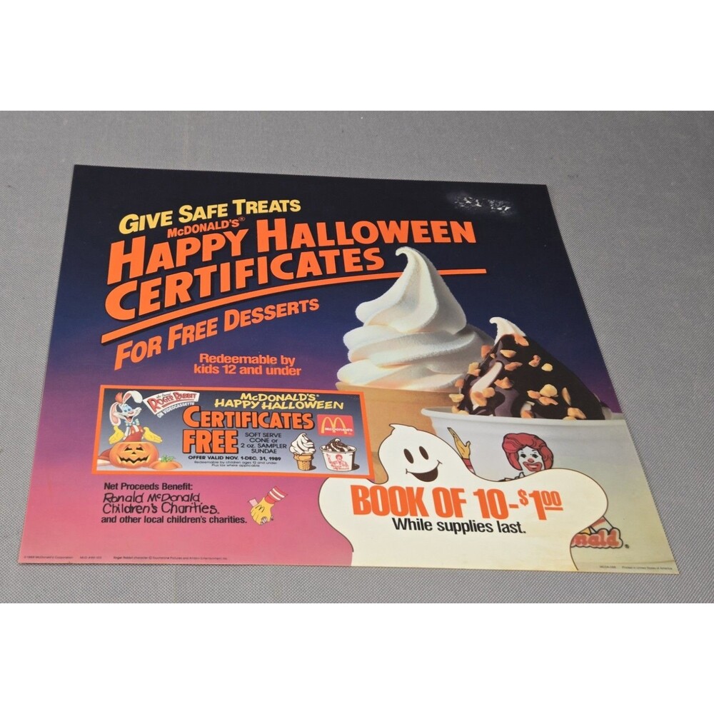 Vintage 1989 McDonalds Halloween Dessert Translite Sign Roger Rabbit 13.5x13.5